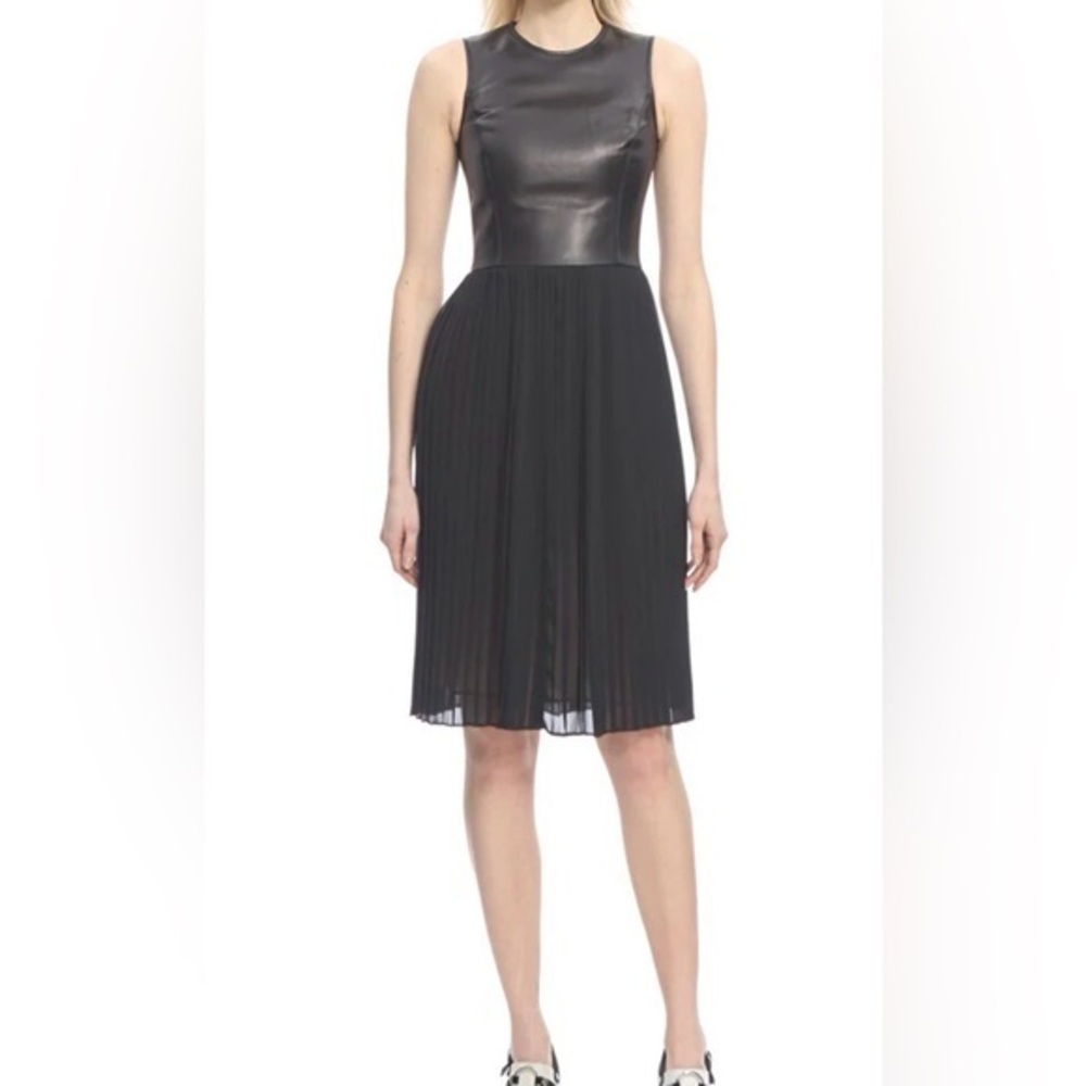 Michael Kors Collection Vegan Leather & Pleated Chiffon Dress Black Sz 2